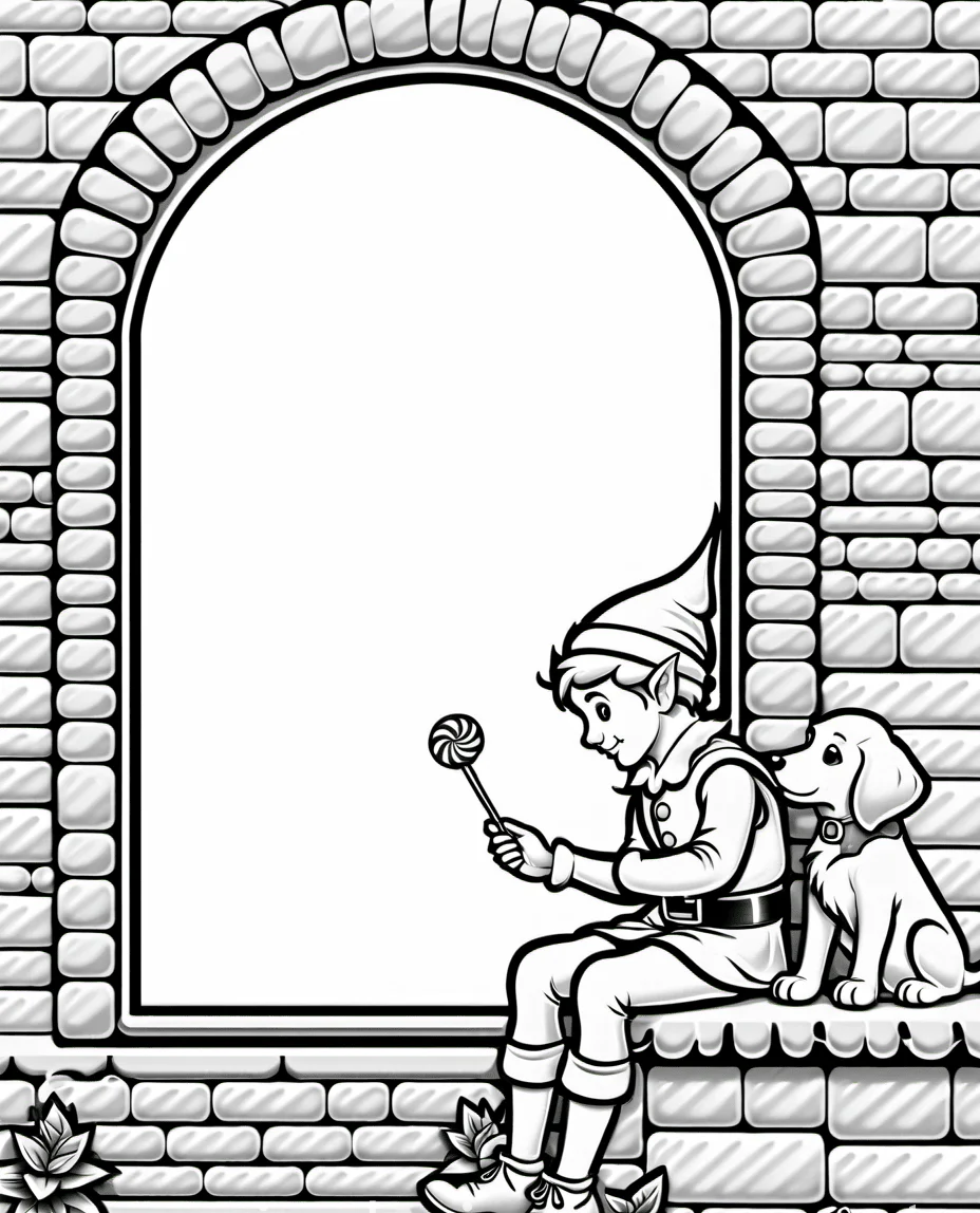 elf eating candy along with dog coloring page