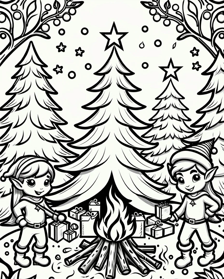elves celebrating Christmas coloring pages